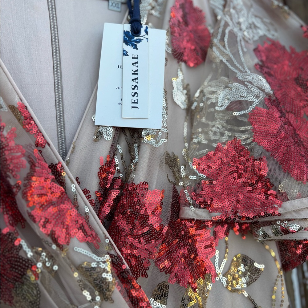 JessaKae Red Sequin Floral Lace Chemise on Cream